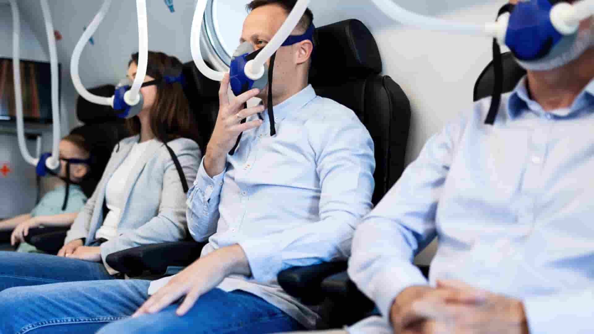 Group of people undergoing hyperbaric oxygen therapy in a pressurized chamber Advanced wound healing and wellness treatment